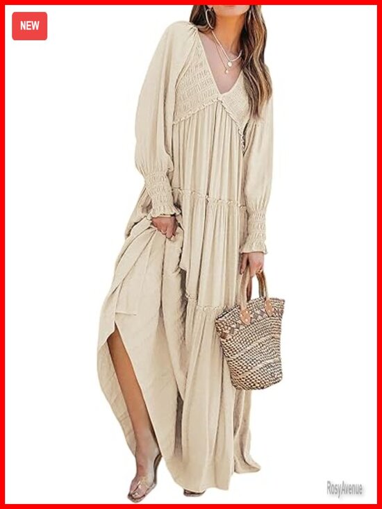 Dresses & Skirts - Long Sleeve V Neck Empire Waist Layered Ruffle Flowy Boho Maxi Dress